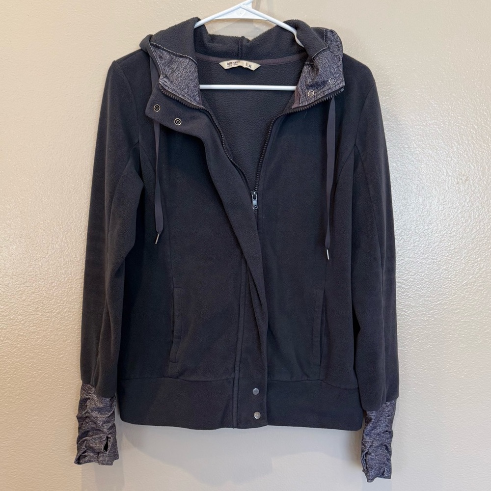 Old Navy Dark Gray Fleece Jacket Snap Front Zip Hooded Medium
